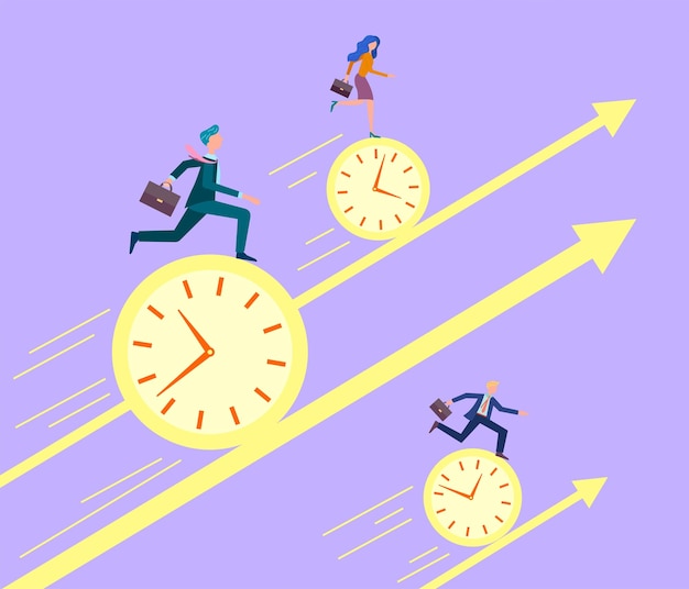 Empresarios del equipo de miembros del grupo empresarial carrera hasta el reloj rodante ilustración vectorial
