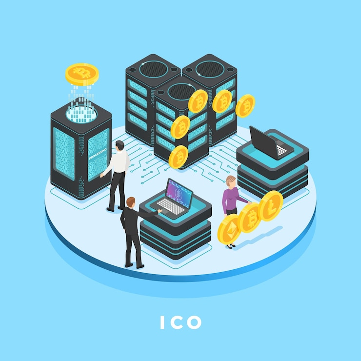 Vector los empresarios están administrando granjas de minería de criptomonedas y servidores de ico que procesan transacciones de criptomoneda con computadoras portátiles ganando bitcoins litecoins y ethereum