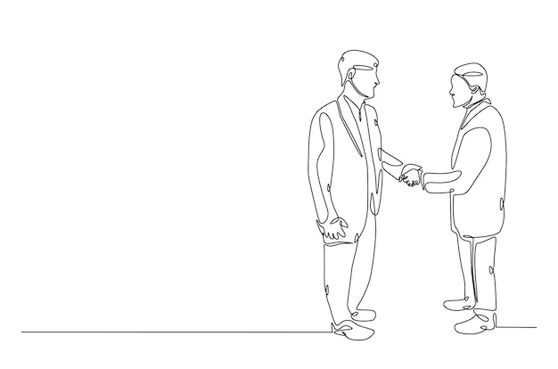 Empresarios estrechando la mano con el cliente en una ilustración continua de dibujo de una línea