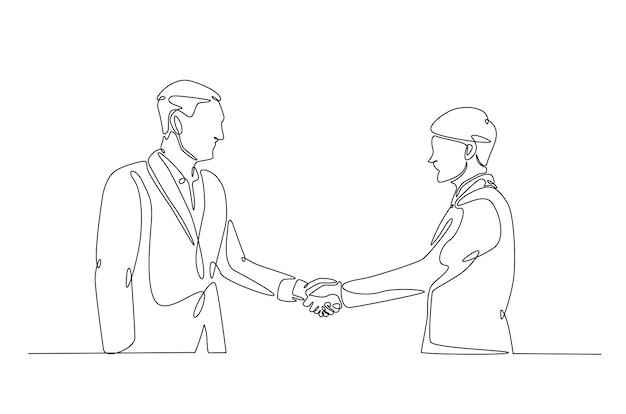 Empresarios estrechando la mano con el cliente en una ilustración continua de dibujo de una línea