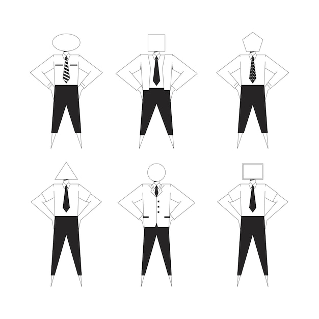 Empresarios geométricos abstractos en varias formas en blanco y negro 2D conjunto de caracteres de línea