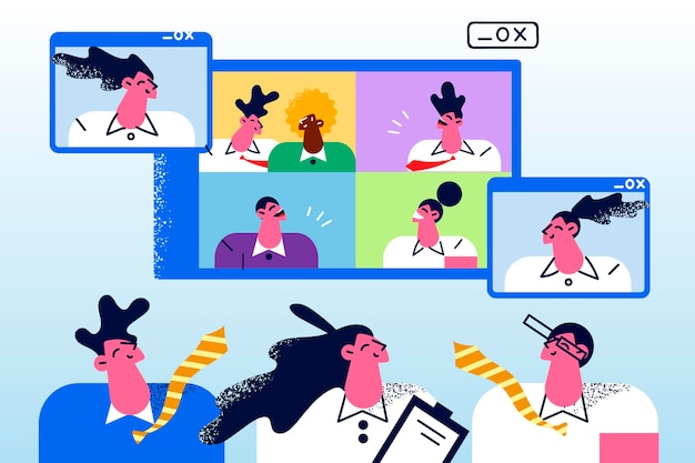 Los empresarios hablan en línea en videollamadas en la computadora. Diversos empleados o colegas tienen un evento digital virtual de cámara web sobre la comunicación en el dispositivo. Concepto de tecnología. ilustración vectorial