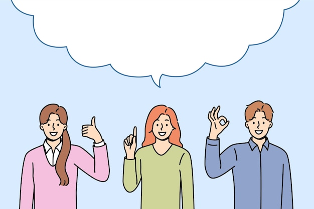 Los empresarios hacen una declaración conjunta después de la discusión de pie bajo una gran nube de diálogo
