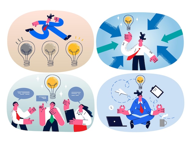 Los empresarios hacen una lluvia de ideas para generar una idea de negocio y desarrollar un proyecto de inicio. Los empleados o colegas llegan a una solución innovadora. Resolución de problemas. Trabajo en equipo y colaboración. Ilustración vectorial. Colocar.