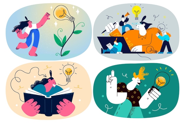 Los empresarios involucrados en el proceso de pensamiento creativo, desarrollan nuevas ideas de negocios en el trabajo. Los empresarios exitosos y seguros trabajan en proyectos financieros o en la puesta en marcha. Innovación. Ilustración vectorial. Colocar.