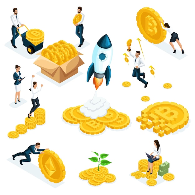 Empresarios isométricos inversores especuladores inversiones financieras en criptomoneda ICO Bitcoin