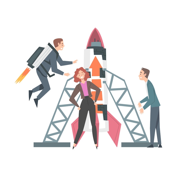 Vector empresarios lanzando un cohete espacial al cielo crecimiento empresarial startup liderazgo ilustración vectorial al estilo de dibujos animados