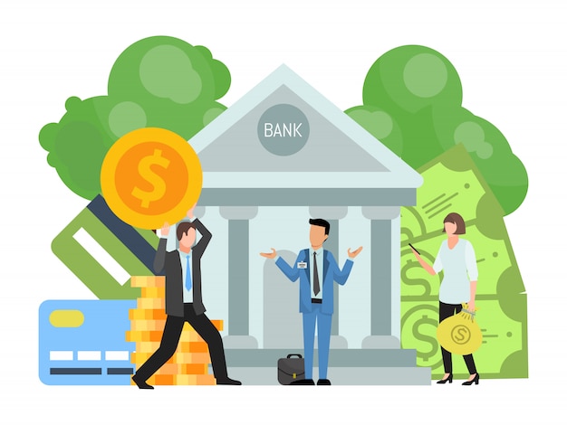 Los empresarios llevan y ponen dinero y bolsas de dinero en el edificio del banco. El concepto de inversión financiera y preservación de fondos en la ilustración de vector de banco