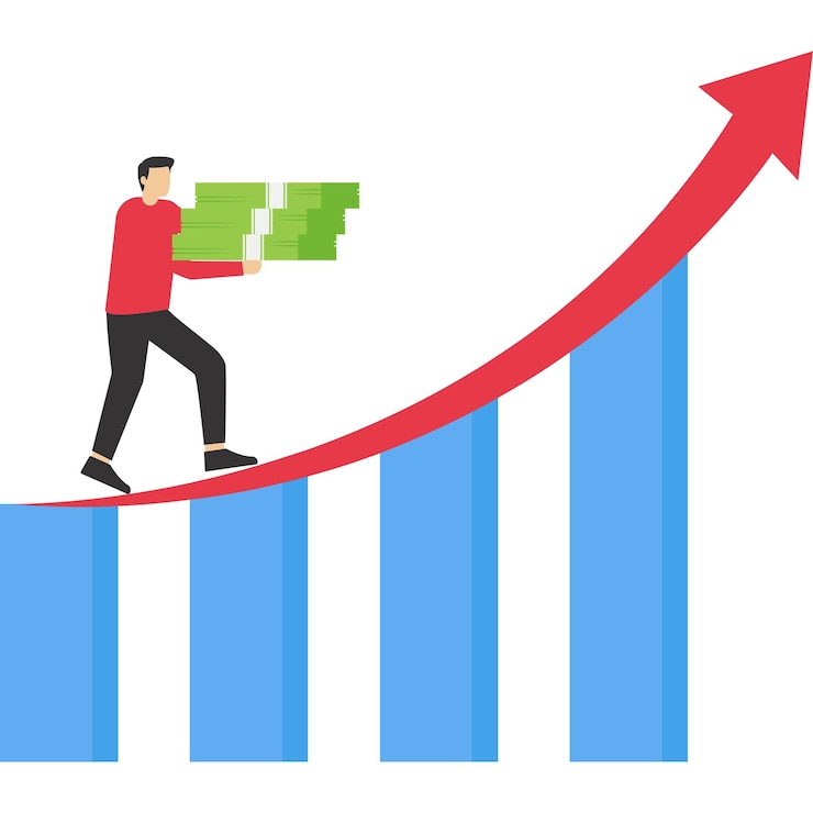 Vector los empresarios llevando un montón de dinero caminando sobre el diagrama de crecimiento aumentar los ingresos o regresar