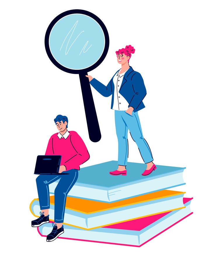 Vector empresarios con lupa y computadora buscando nueva información