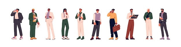 Empresarios modernos en traje de juego Gente en traje formal de oficina de pie Diversos hombres de negocios trabajadores grupo de empleados Varios personajes en trajes de trabajo Ilustración vectorial aislada plana en blanco