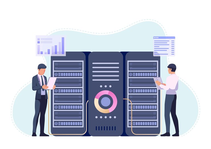Vector empresarios o ingeniero que trabaja en la sala del centro de datos. concepto de mantenimiento del sistema de base de datos y gestión de servidores.
