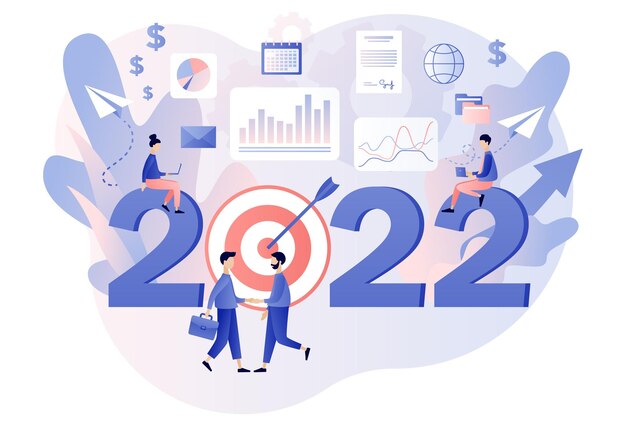 Empresarios de personas diminutas que planean metas para el próximo año 2022 Objetivo comercial de Año Nuevo Liderazgo