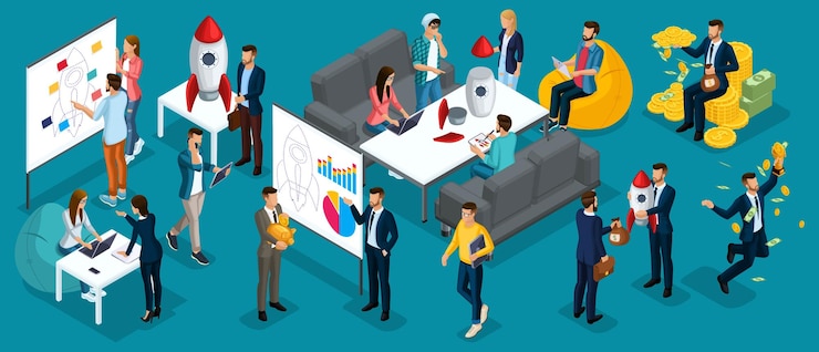 Vector empresarios de personas isométricas presentan un nuevo proyecto de inicio plan de negocios desarrollo de inversión