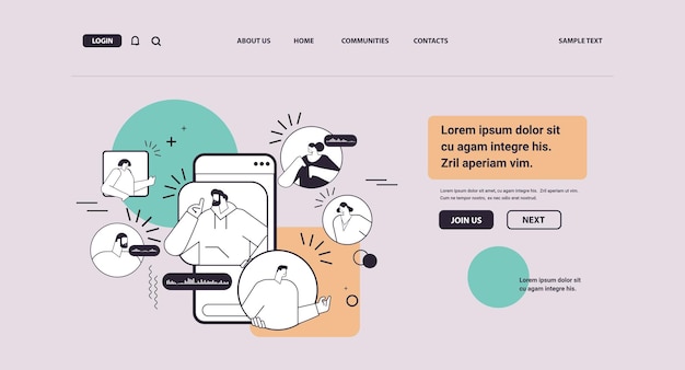 empresarios que se comunican en mensajeros instantáneos por mensajes de voz aplicación de chat de audio redes sociales concepto de comunicación en línea espacio de copia horizontal ilustración vectorial lineal