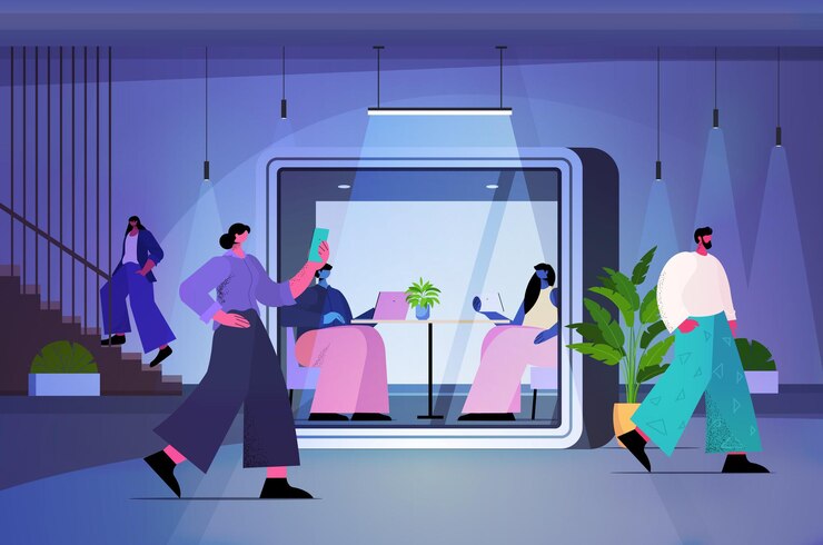 Vector empresarios que trabajan en cabinas de cristal de protección en la moderna oficina de noche oscura horizontal ilustración vectorial de longitud completa