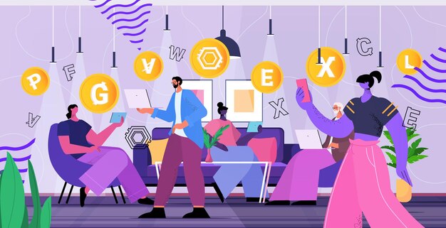 empresarios que usan la aplicación de minería de criptomonedas en computadoras portátiles aplicación de transferencia de dinero virtual transacción bancaria concepto de moneda digital interior de la oficina horizontal ilustración vectorial de longitud completa