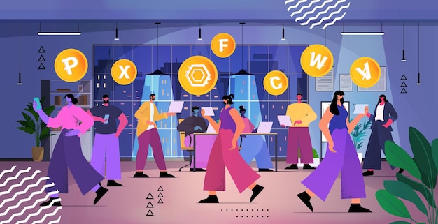 Empresarios que utilizan la aplicación de minería de criptomonedas en computadoras portátiles aplicación de transferencia de dinero virtual transacción bancaria