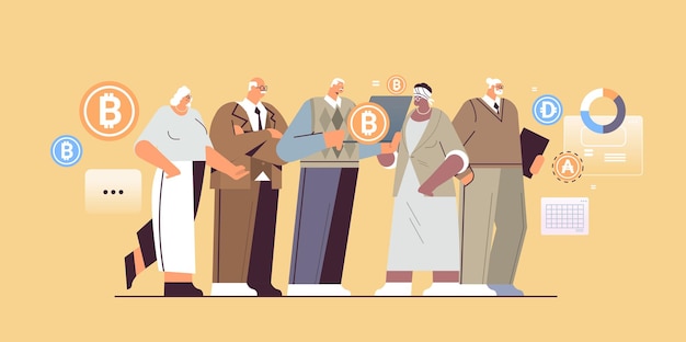 Empresarios senior que compran o venden bitcoins transferencia de dinero en línea pago por internet cryptocurrency blockchain