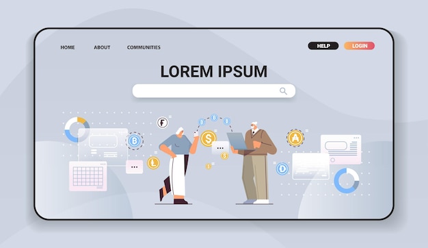 Empresarios senior que envían dinero desde un teléfono inteligente a una computadora portátil, transferencia en línea, pago por internet, criptomoneda, concepto de blockchain, espacio de copia de longitud completa horizontal, ilustración vectorial