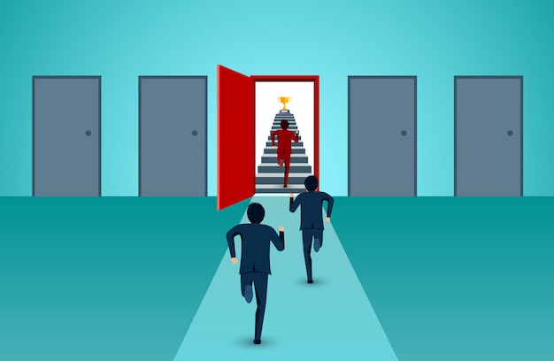Los empresarios son la competencia corriendo por las escaleras hasta el color de la puerta rojo ir al objetivo de éxito