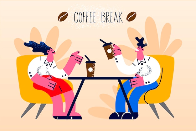 Los empresarios sonrientes que tienen un descanso para tomar café del trabajo se relajan en la zona del salón. Felices empleados o colegas diversos descansan en la cafetería a la hora del almuerzo o la cena. Comer fuera. ilustración vectorial