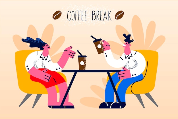 Los empresarios sonrientes que tienen un descanso para tomar café del trabajo se relajan en la zona del salón. felices empleados o colegas diversos descansan en la cafetería a la hora del almuerzo o la cena. comer fuera. ilustración vectorial