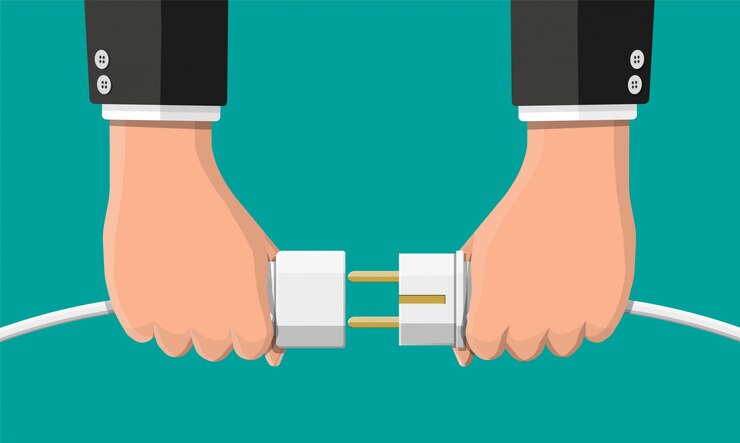 Vector los empresarios sostienen el enchufe y la toma de corriente en la mano.