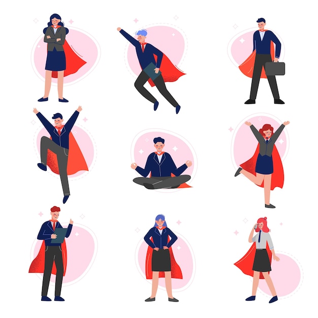 Empresarios Superhéroes en capas rojas Colección Personajes de negocios exitosos Liderazgo Desafío Logro de objetivos Ilustración vectorial