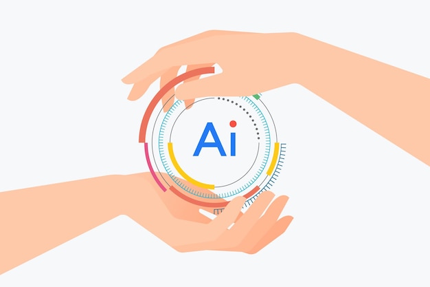 Los empresarios tocan o muestran a mano el cerebro virtual de IA o el chip de computadora por concepto de tecnología de IA