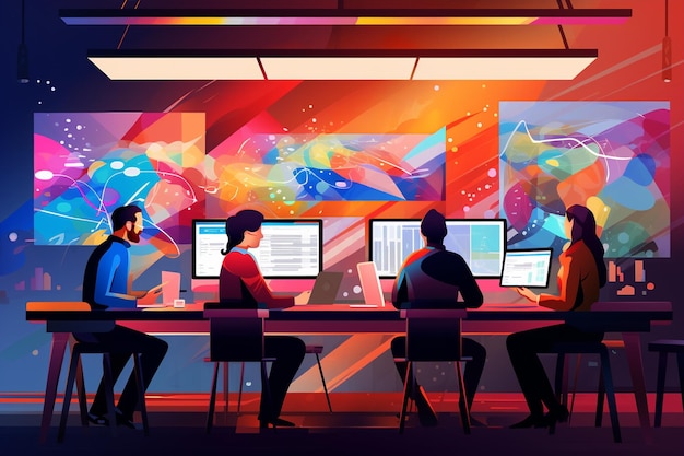 Empresarios trabajando en pantallas de computadora