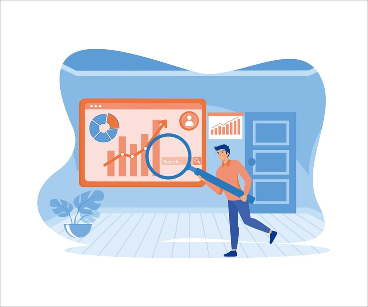 Vector empresas de marketing personas que analizan las tendencias del mercado y planifican optimización seo vector plano moderno
