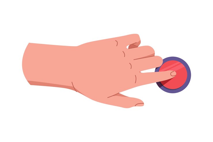 Vector empujar y presionar con la mano el botón presionar con el dedo encender y apagar el concepto de control de inicio de lanzamiento