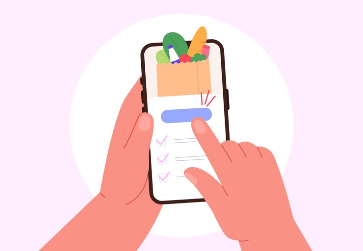 Vector empuje el botón de la pantalla para pagar la aplicación de la tienda de alimentos digital la compra humana en el mercado digital la entrega de bienes las manos sosteniendo el teléfono inteligente y la escena vectorial de pago