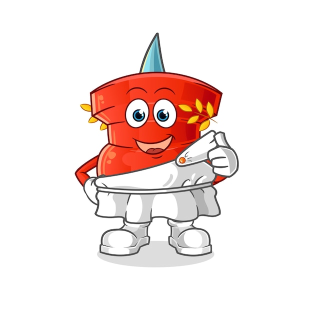 Empuje el pasador con dibujos animados de ropa tradicional griega. mascota de dibujos animados