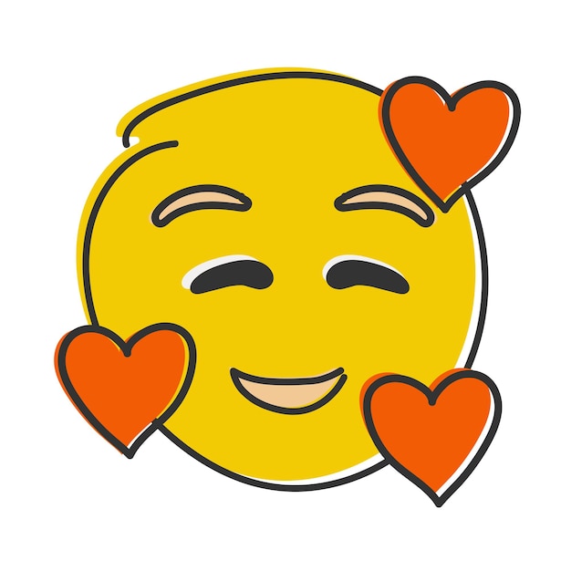 Enamorado emoji Emoticono sonriente con tres corazones Emoticono de estilo plano dibujado a mano