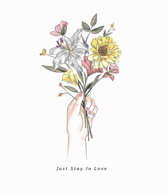 Enamorado lema con mano sosteniendo colorido ramo de flores ilustración