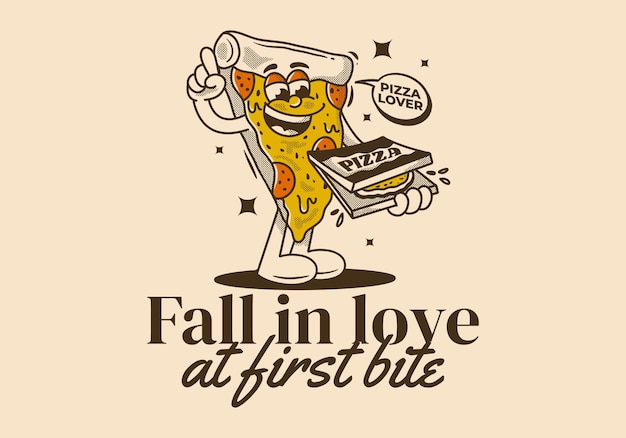 Enamorarse al primer mordisco Personaje de la mascota de la pizza con una caja de pizza