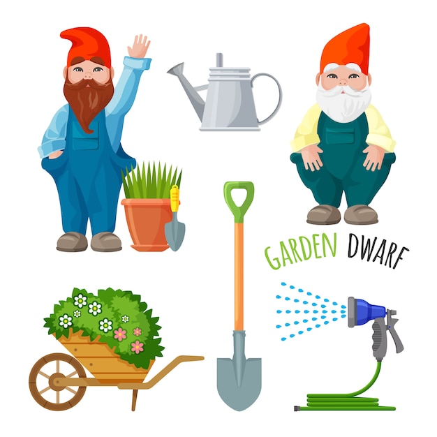 Enano de jardín, herramientas de trabajo para jardinería.