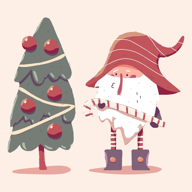 Vector enano de navidad con ilustración de dibujos animados de árbol