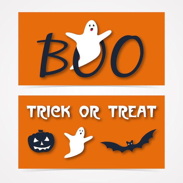 Vector encabezado espeluznante del sitio web o banner con calabaza de halloween, murciélagos y fantasmas.