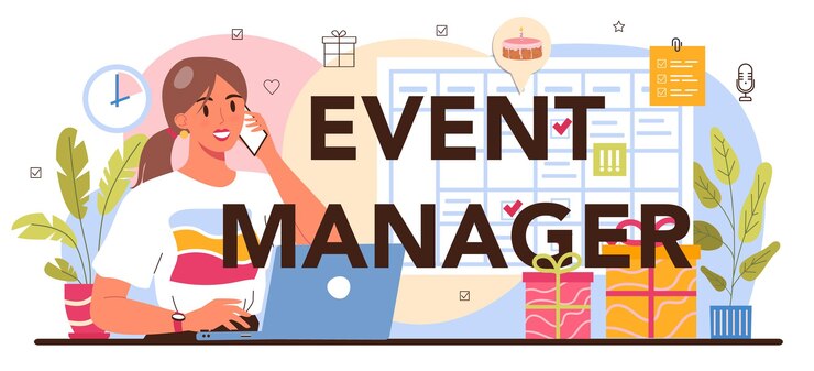 Vector encabezado tipográfico del administrador de eventos. fiesta, ceremonia o reunión corporativa