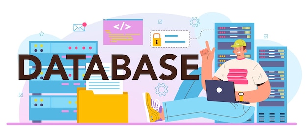Encabezado tipográfico de la base de datos. Gerente que trabaja en el centro de datos. Protección, copia de seguridad y restauración de datos. Tecnología informática moderna, profesión de TI. Ilustración vectorial plana