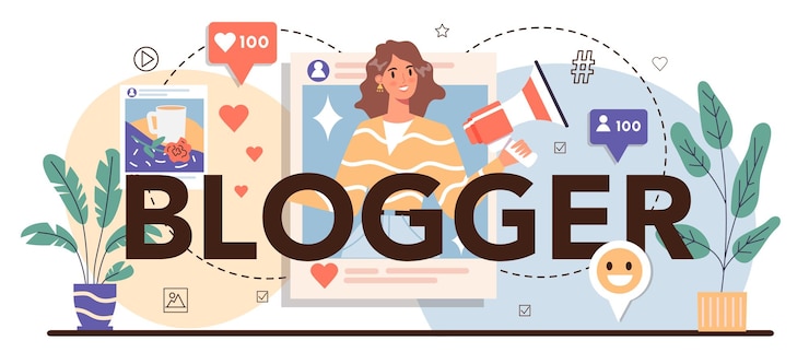 Vector encabezado tipográfico de blogger compartir contenido multimedia en internet idea de redes sociales y redes anuncio de obsequio de comunicación en línea ilustración de vector plano aislado