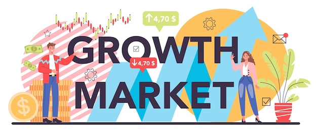 Encabezado tipográfico de crecimiento del mercado progreso empresarial idea de promoción firme para un nuevo mercado aumento financiero y éxito empresarial ilustración vectorial plana