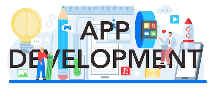 Vector encabezado tipográfico de desarrollo de aplicaciones tecnología moderna y diseño de interfaz de teléfono inteligente creación y programación de aplicaciones ilustración plana vectorial