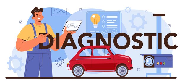 Encabezado tipográfico de diagnóstico. Servicio de reparación de automóviles. Mecánico de taller de automóviles en uniforme con herramientas especiales para el control de automóviles. Ilustración de vector plano.