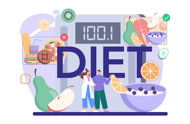 Encabezado tipográfico de dieta. Terapia nutricional con comida sana