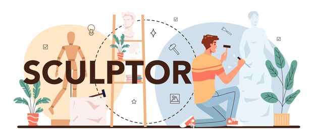 Encabezado tipográfico de escultor Creación de escultura de mármol madera y arcilla Ceramista creativo esculpir decoración restaurador Arte y hobby Ilustración de vector plano