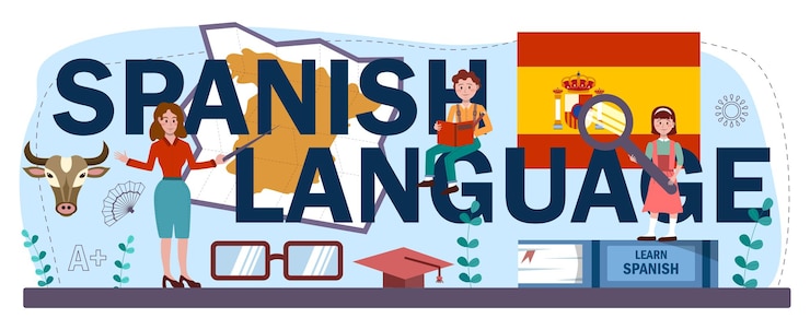 Vector encabezado tipográfico en español. curso de español en la escuela de idiomas. estudiar idiomas extranjeros con un hablante nativo. idea de comunicación global. ilustración vectorial en estilo de dibujos animados